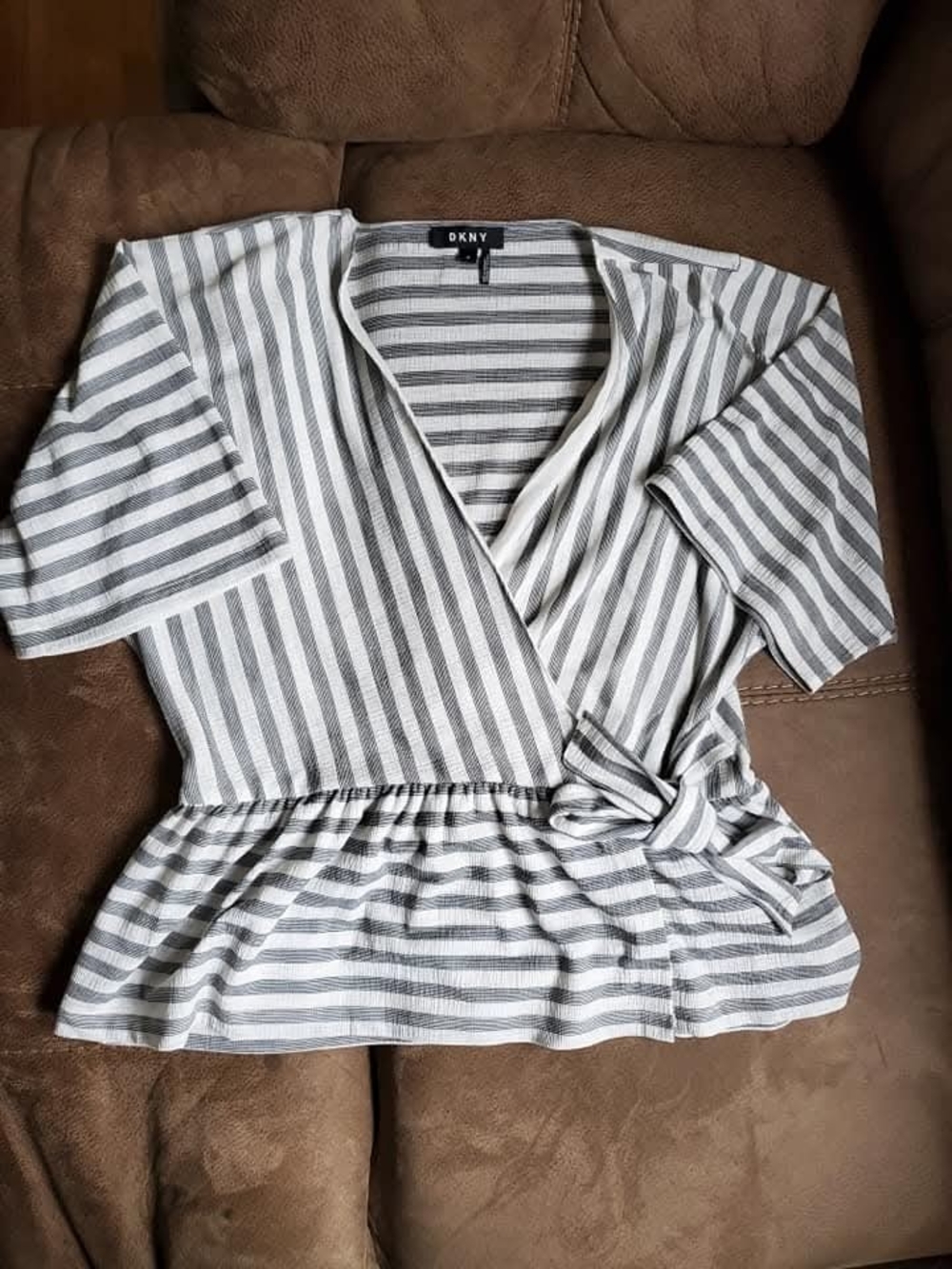 DKNY Gray and White Striped Wrap Peplum Blouse
